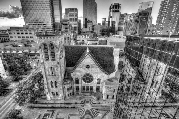 Minneapolis Skyline with Westminster Church from the 1220 building - black and white #9